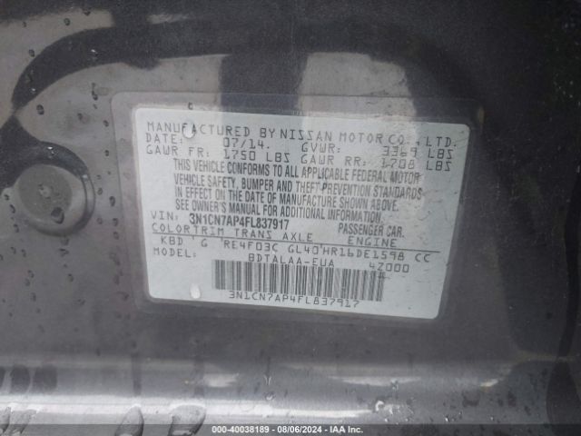 3N1CN7AP4FL837917 Nissan Versa 1.6 S