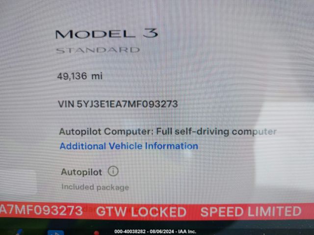 5YJ3E1EA7MF093273 Tesla Model 3 Standard Range Plus Rear-wheel Drive