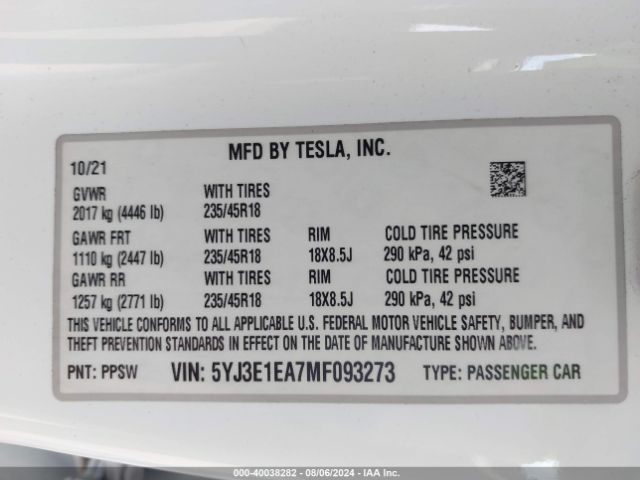 5YJ3E1EA7MF093273 Tesla Model 3 Standard Range Plus Rear-wheel Drive