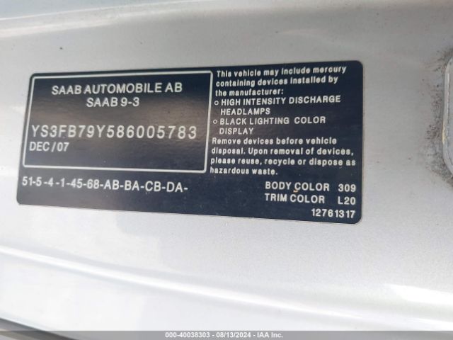 2008 SAAB 9-3 YS3FB79Y586005783 Photo 8