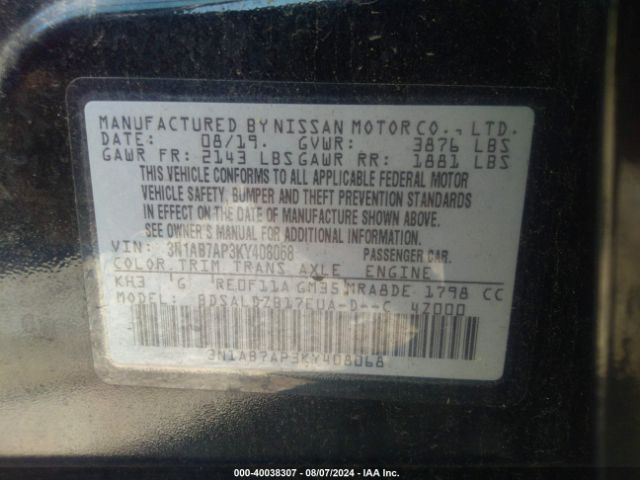 3N1AB7AP3KY408068 Nissan SENTRA SV