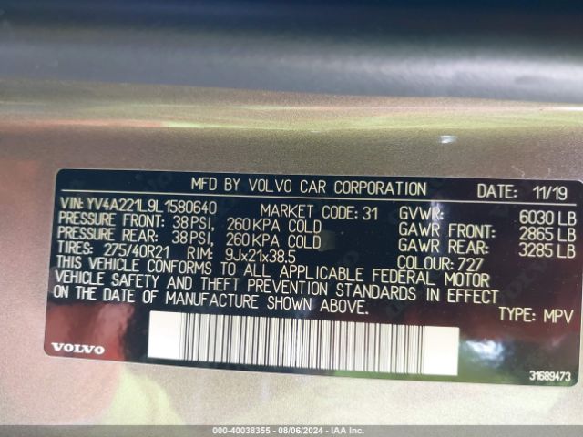 YV4A221L9L1580640 Volvo Xc90 T6 Inscription 6 Passenger