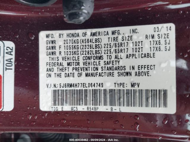 5J6RM4H77EL064749 Honda Cr-v Ex-l