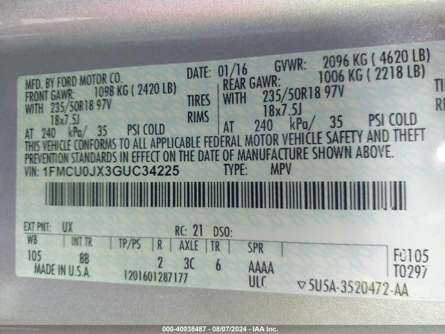 Ford Escape Titanium 2016 1FMCU0JX3GUC34225 Image 9