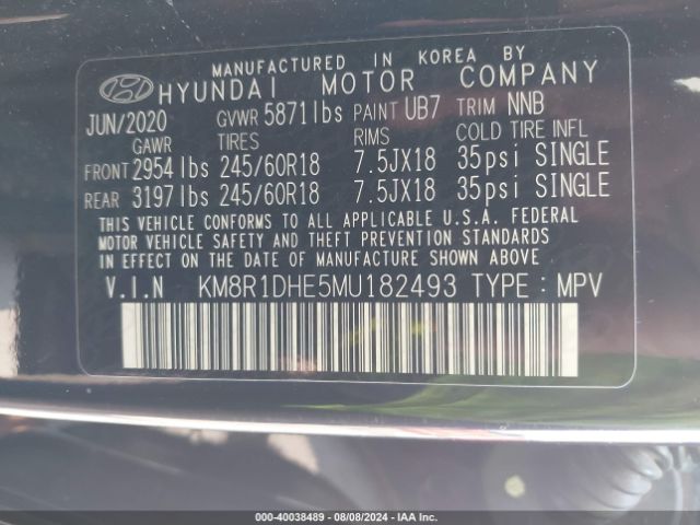 KM8R1DHE5MU182493 Hyundai Palisade Se