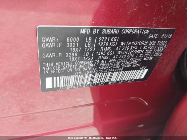 4S4WMACD9K3449998 Subaru Ascent Premium