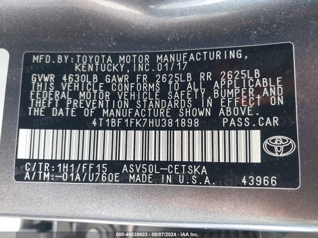 Toyota CAMRY SE 2017 4T1BF1FK7HU381898 Image 9