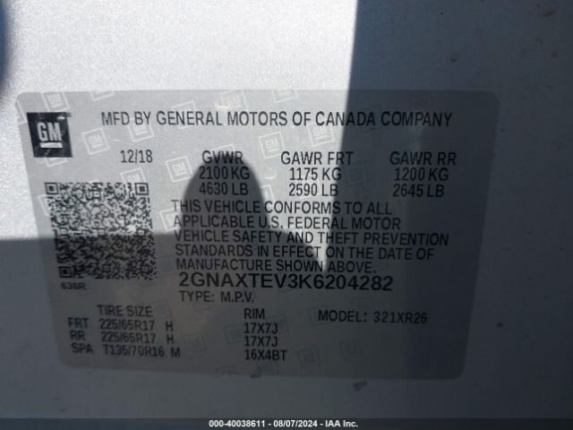 2GNAXTEV3K6204282 Chevrolet EQUINOX LT