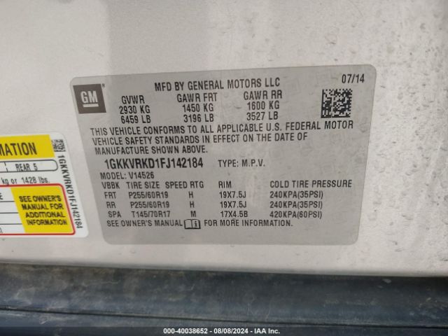 1GKKVRKD1FJ142184 GMC Acadia Slt-1