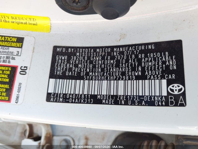 Toyota COROLLA LE 2017 5YFBURHEXHP729819 Image 9