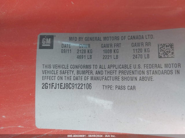 Продажа на аукционе авто 2012 Chevrolet Camaro 1ss, vin: 2G1FJ1EJ8C9122106, номер лота: 40038691