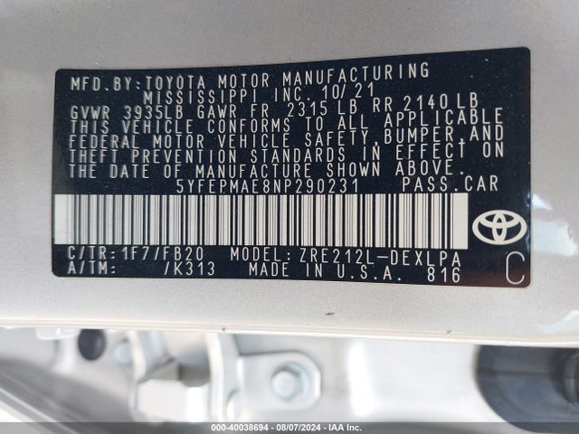 Toyota COROLLA LE 2022 5YFEPMAE8NP290231 Image 9