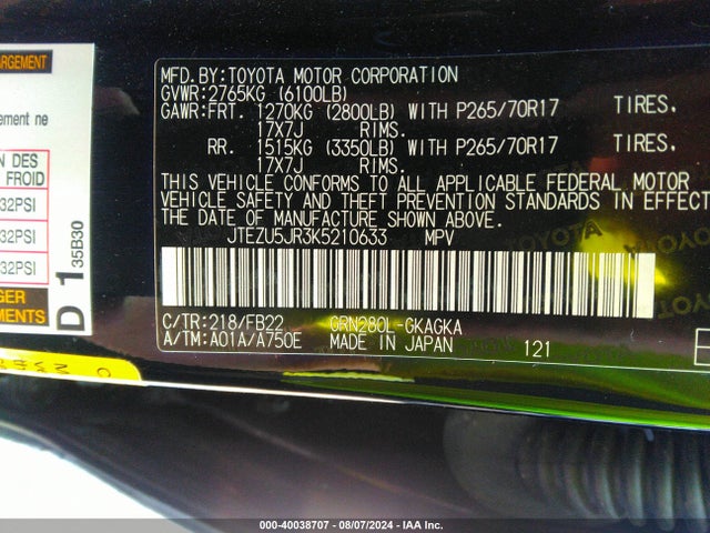 Toyota 4RUNNER SR5 2019 JTEZU5JR3K5210633 Image 9