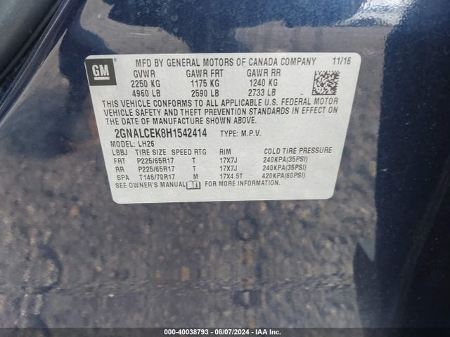 Chevrolet EQUINOX LT 2017 2GNALCEK8H1542414 Image 9