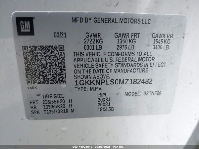 1GKKNPLS0MZ182482 GMC Acadia Fwd Denali
