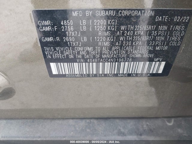 4S4BTACC4N3196778 Subaru Outback Premium