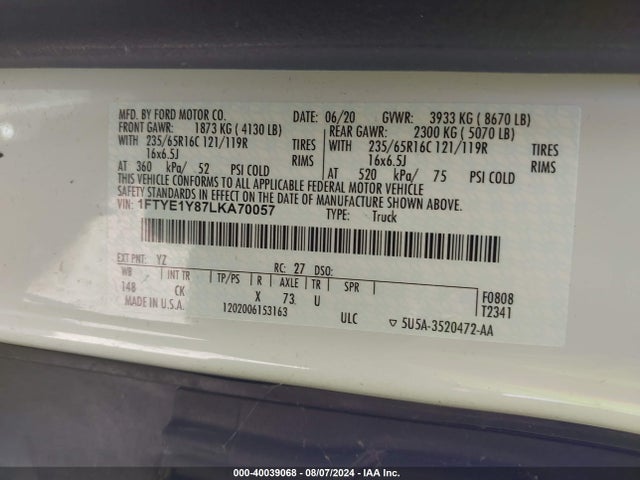 Ford Transit-150 2020 1FTYE1Y87LKA70057 Image 9