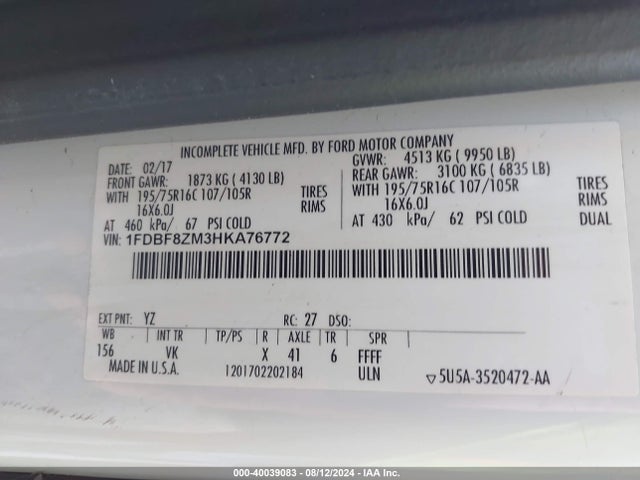 Ford Transit-350 Cab 2017 1FDBF8ZM3HKA76772 Image 9