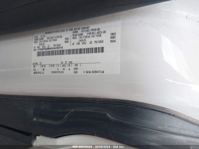 Ford Transit-350 Cab 2019 1FDBF8ZM9KKA38518 Image 9