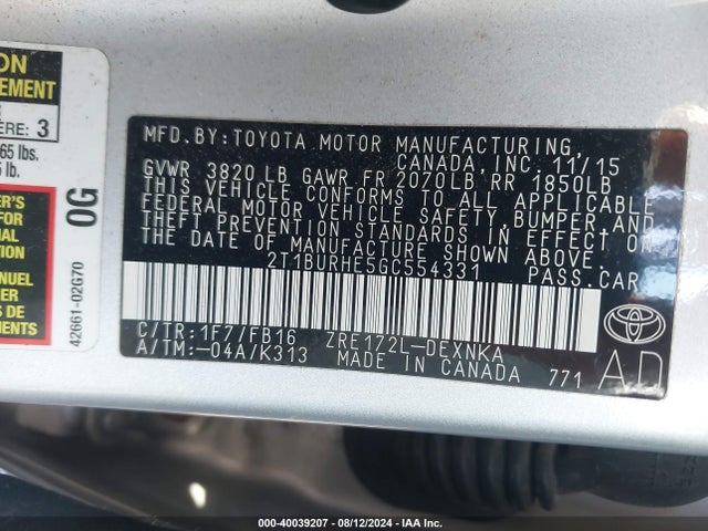 Toyota COROLLA LE 2016 2T1BURHE5GC554331 Image 9