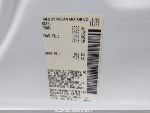 1N4BL4EW6NN306978 Nissan Altima Sl Intelligent Awd