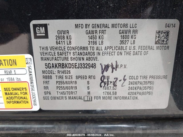 Buick Enclave Leather 2014 5GAKRBKD5EJ332948 Image 9