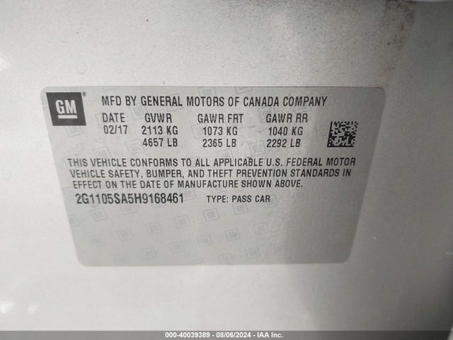 Chevrolet IMPALA 1LT 2017 2G1105SA5H9168461 Image 9