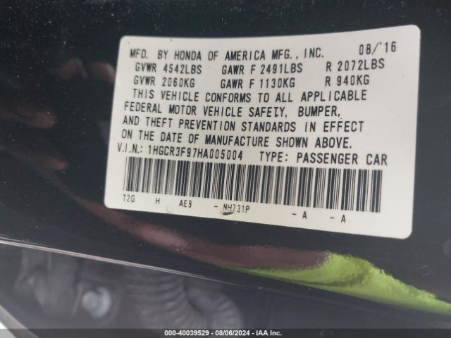 1HGCR3F97HA005004 Honda Accord Touring V6