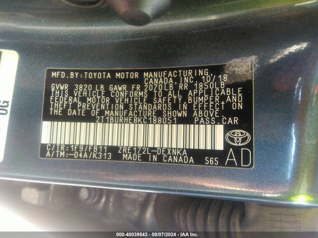 Toyota COROLLA LE 2019 2T1BURHE8KC188051 Image 9