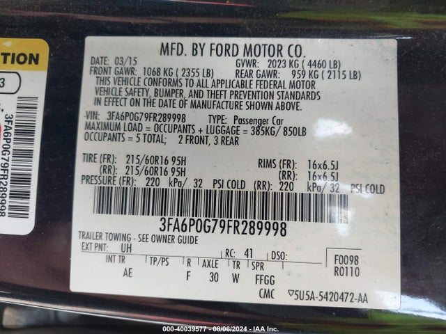 Ford FUSION S 2015 3FA6P0G79FR289998 Image 9