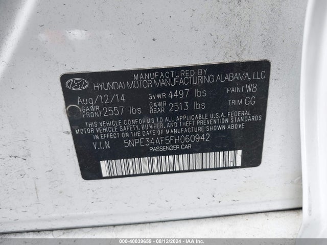 Hyundai Sonata Limited 2015 5NPE34AF5FH060942 Image 9