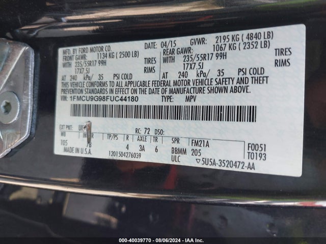 Ford ESCAPE SE 2015 1FMCU9G98FUC44180 Image 9