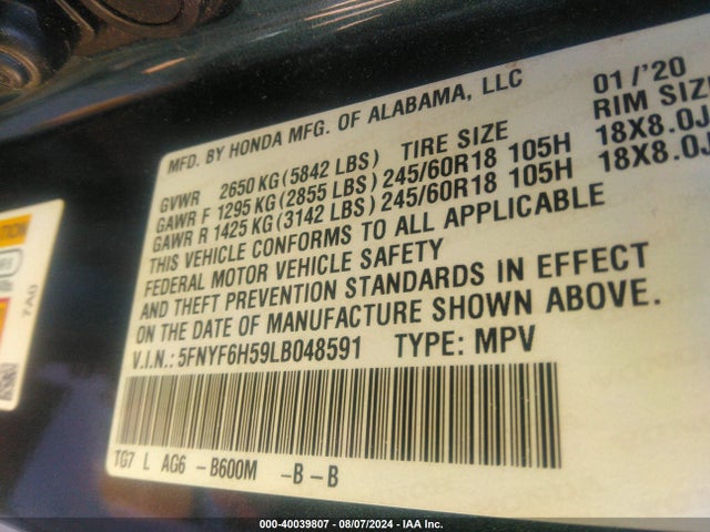 Honda Pilot Awd Ex-l 2020 5FNYF6H59LB048591 Image 9