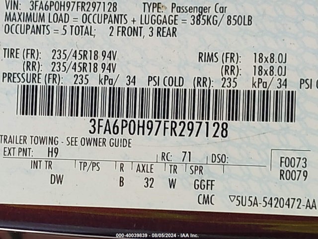 Ford FUSION SE 2015 3FA6P0H97FR297128 Image 9