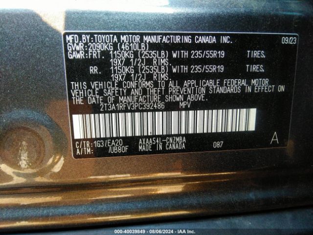 2T3A1RFV3PC392486 Toyota Rav4 Xle Premium