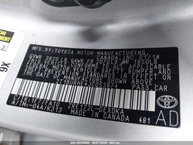 Toyota COROLLA L 2018 2T1BURHE4JC053874 Image 9