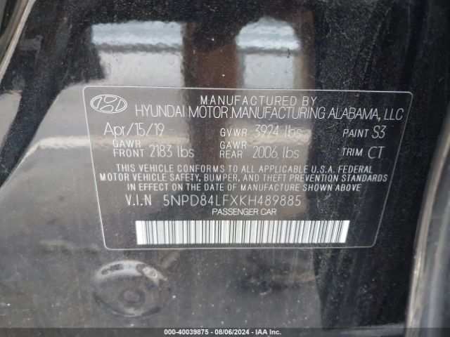 5NPD84LFXKH489885 Hyundai ELANTRA SEL