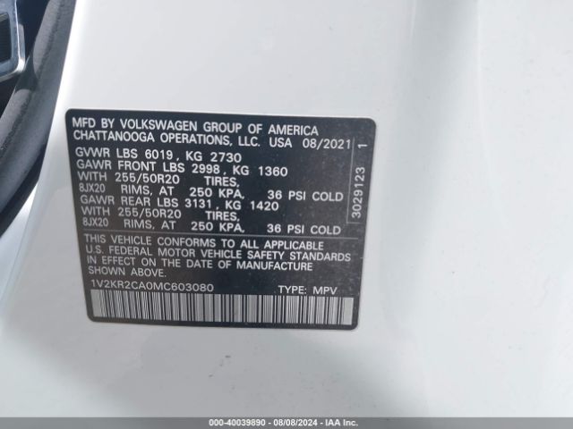 1V2KR2CA0MC603080 Volkswagen Atlas 3.6l V6 Se W/technology