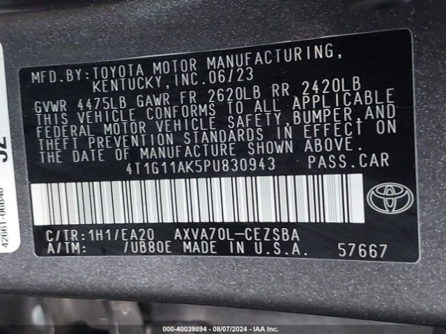 4T1G11AK5PU830943 Toyota CAMRY SE