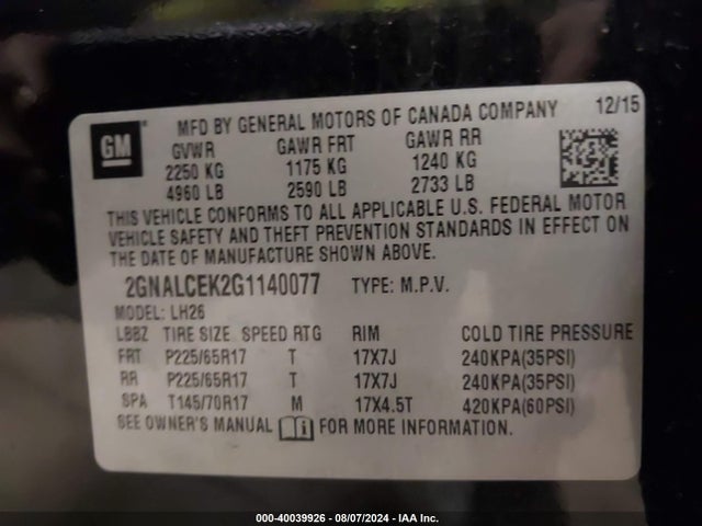 Chevrolet EQUINOX LT 2016 2GNALCEK2G1140077 Image 9
