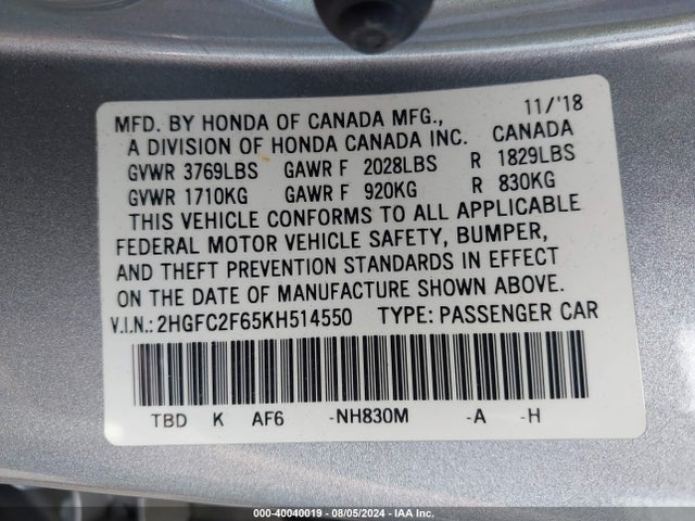 Honda Civic Lx 2019 2HGFC2F65KH514550 Image 9