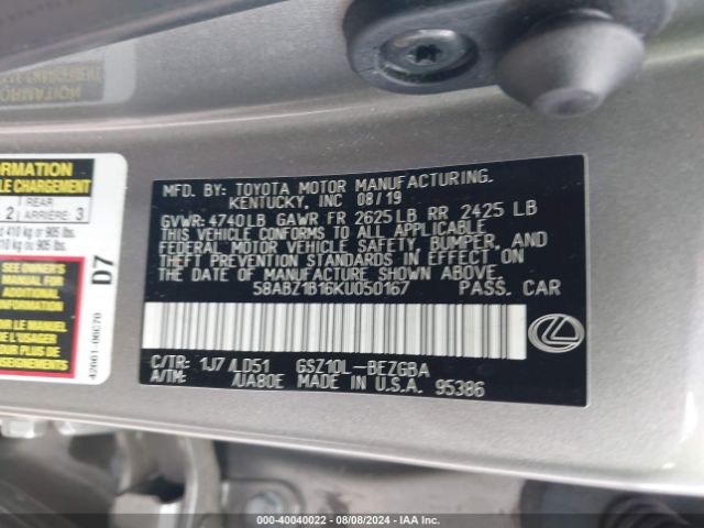 58ABZ1B16KU050167 Lexus ES 350