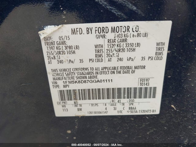 Ford EXPLORER XLT 2016 1FM5K8D87GGA01111 Image 9