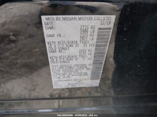 5N1DR2MM8KC601282 Nissan Pathfinder Sl