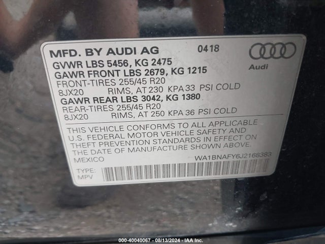 WA1BNAFY6J2168383 Audi Q5 2.0t Premium/2.0t Tech Premium