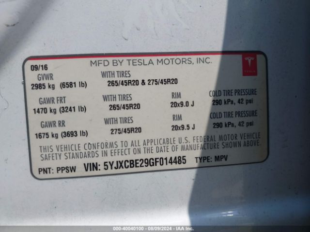 5YJXCBE29GF014485 Tesla Model X 60d/70d/75d/90d/p100d