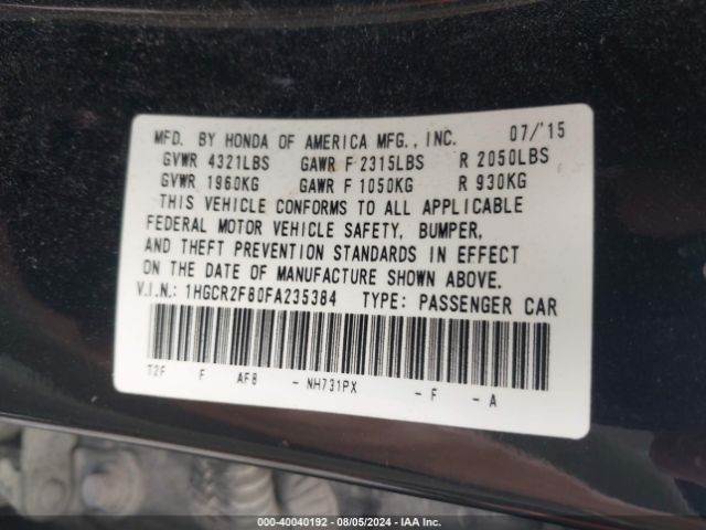 1HGCR2F80FA235384 Honda Accord Ex-l
