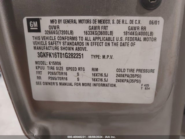 2001 GMC YUKON XL 3GKFK16T01G282251 Photo 8