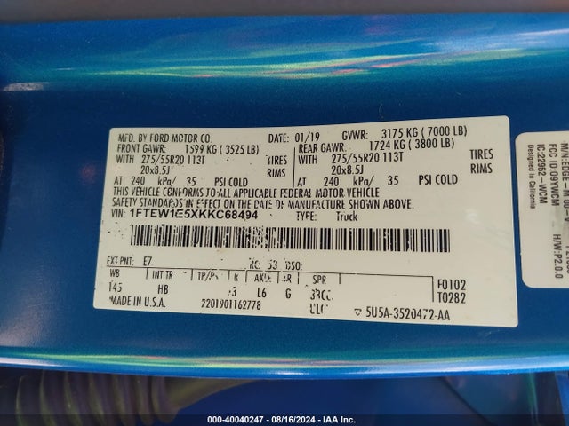 Ford F-150 Lariat 2019 1FTEW1E5XKKC68494 Image 9