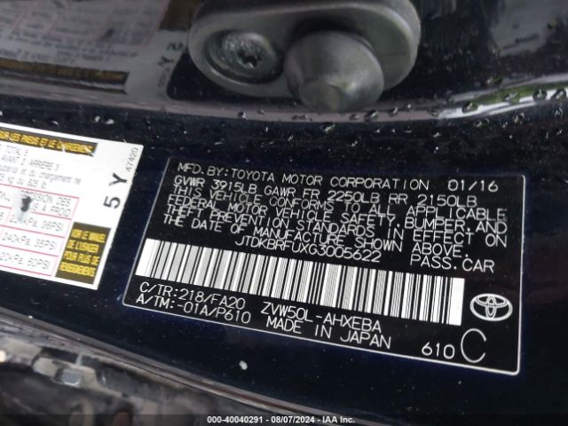 JTDKBRFUXG3005622 Toyota Prius Two